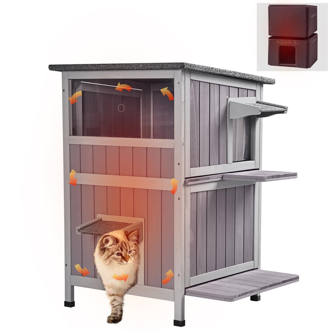 MEDEHOO Insulated Cat House Outdoor, Feral Cat Shelter for Winter Weatherproof with Insulated Liner, Gray