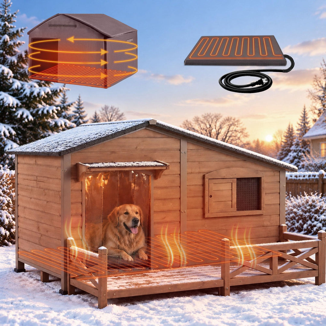 MEDEHOO Extra Large Heated Dog House for Outside with Iron Frame Camel with Reinforced Iron Frame Safety XXL Wooden Dog Kennel with Openable Roof for Outside Large Dogs Camel AIR7024-L-CG-IN-HP-2-L2-AD-WM