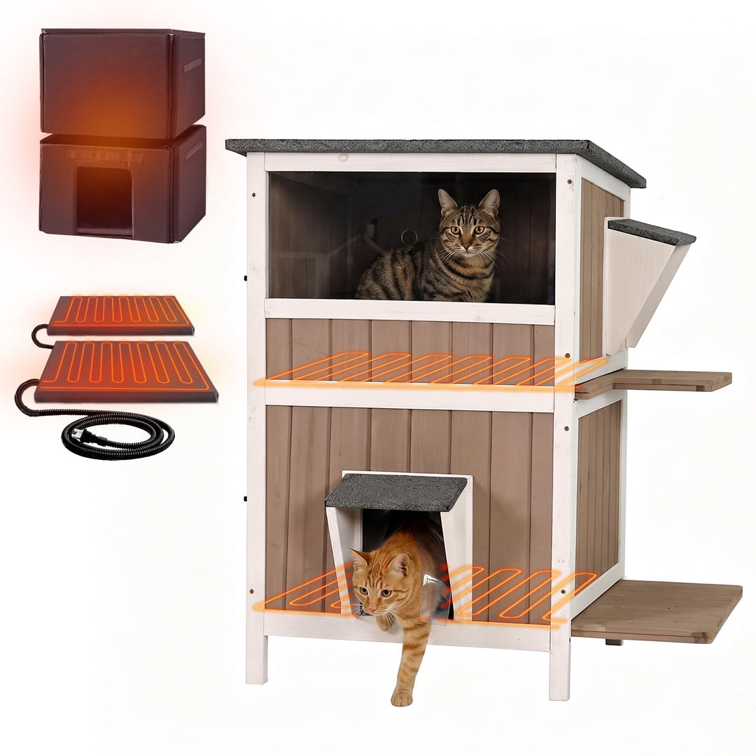 MEDEHOO 2-Story Heated Cat House Large Outdoor Cat House with Insulated Liner, Weatherproof | 2 Story Insulated Feral Cat Shelter with Heating Pad Brown