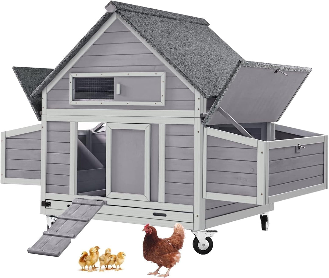 MEDEHOOChicken Coop Movable Large Duck Cage On Wheels Outdoor Rabbit Hutch Wooden Hen House with Two Nesting Boxes AIR67-N