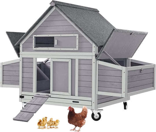 MEDEHOOChicken Coop Movable Large Duck Cage On Wheels Outdoor Rabbit Hutch Wooden Hen House with Two Nesting Boxes AIR67-N