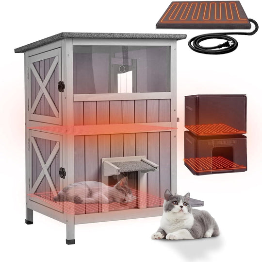 MEDEHOO 2-Story Heated Cat House Large Outdoor Insulated Cat House Weatherproof Feral Cat Shelter with Heated Pad Insulated Thermal Liner for 1-4 Cats AIR14-IN-HP-MA-WM