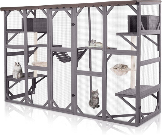 MEDEHOO Extra-Large Catio, 104" Wall-Mounted Outdoor Cat Enclosure - Cat Cage Window Box Walk-in Cat Kennel Shelter with Weatherproof Roof, 2 Scratching Posts, 2 Hammocks &amp; Bridge for 6-8 Cats