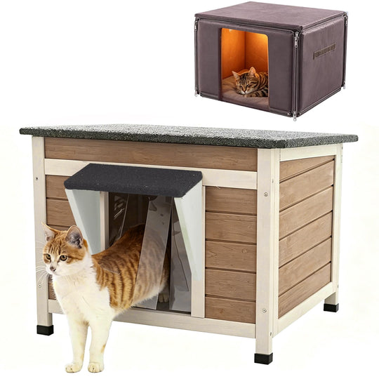 MEDEHOO Insulated Outdoor Cat House, Weatherproof Wooden Feral Cat Shelter with 6-Side Washable Thermal Liner