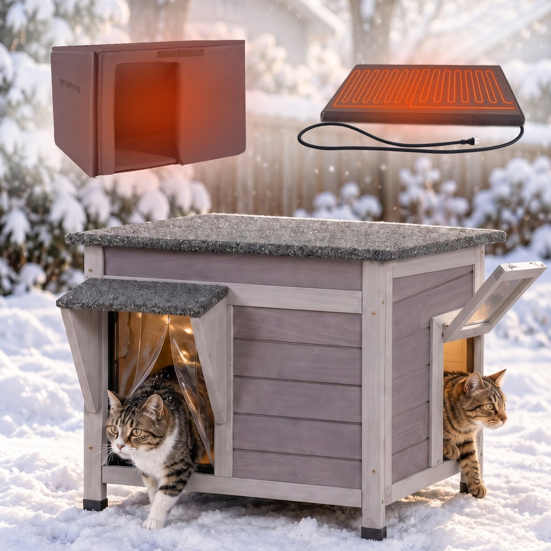 MEDEHOO Insulated Outdoor Cat House with Insulated Liner Escape Door Weatherproof Roof Feral Cat Shelter for Winter Outside Gray AIR12-G-HP-WFS-ML