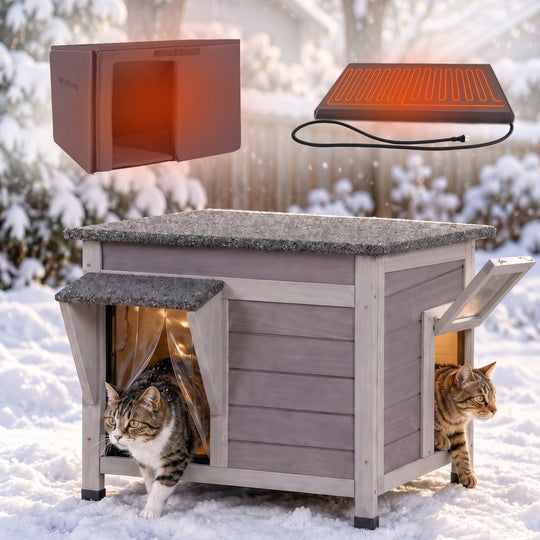 MEDEHOO Insulated Outdoor Cat House with Insulated Liner Escape Door Weatherproof Roof Feral Cat Shelter for Winter Outside Gray AIR12-G-HP-WFS-ML