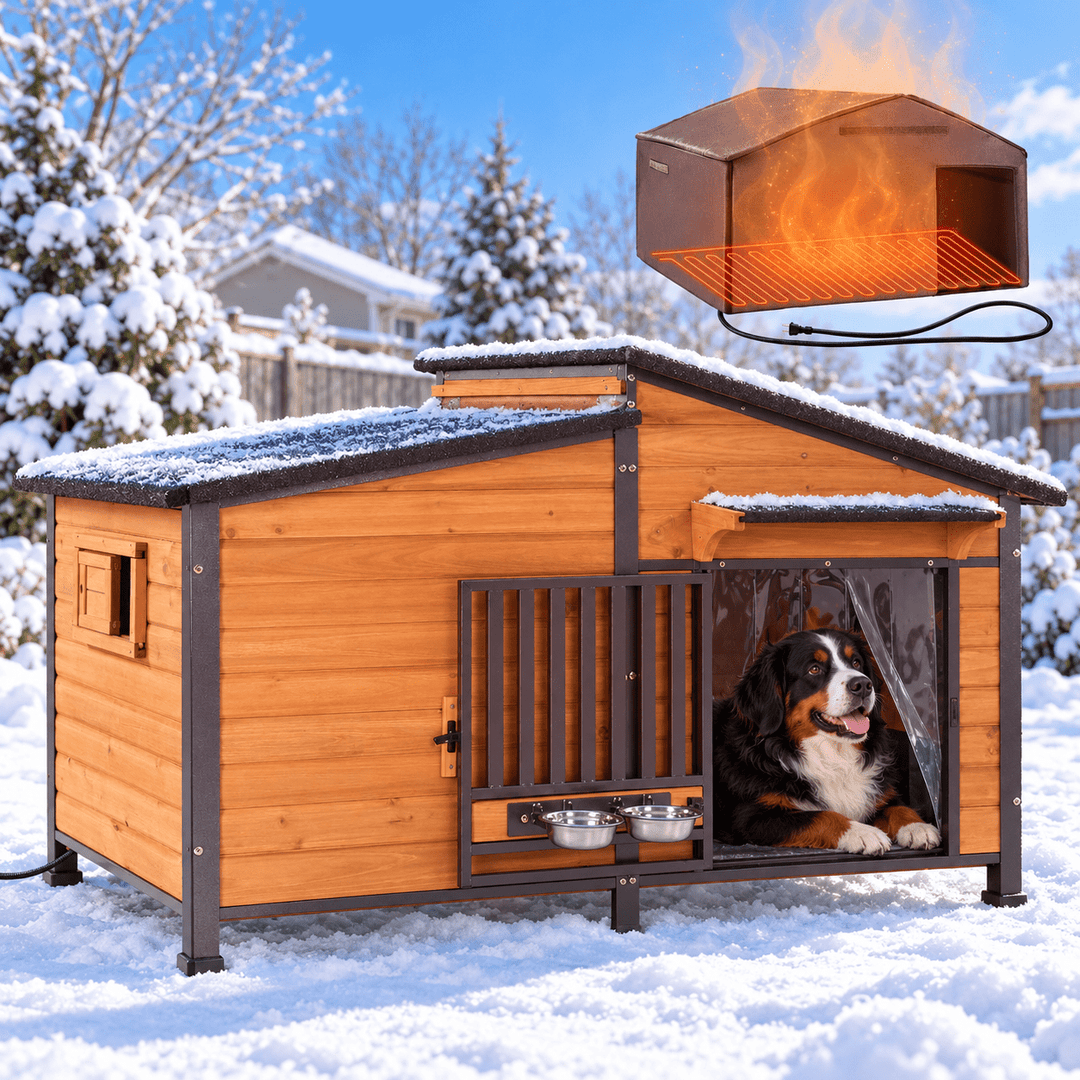MEDEHOO 60" Heated Dog House for Outdoor Large Dogs with Heavy-Duty Steel Frame, 6-Sided Insulation for Outdoor Use Brown AIR7021-LY-HP-N-WM