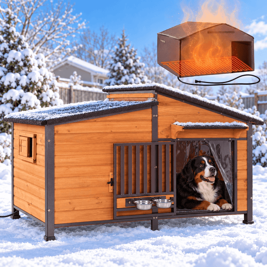MEDEHOO 60" Heated Dog House for Outdoor Large Dogs with Heavy-Duty Steel Frame, 6-Sided Insulation for Outdoor Use Brown AIR7021-LY-HP-N-WM