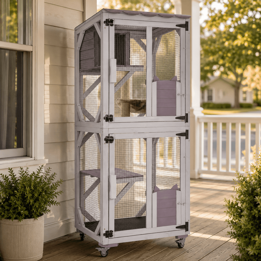 MEDEHOO Outdoor Cat Catio with Wheels, 62.8" Tall 3-Tier Wooden Cat Enclosure with 3 Platforms, Resting Box and Waterproof Fabric Roof AIR22-M-WM