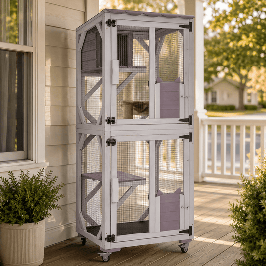 MEDEHOO Outdoor Cat Catio with Wheels, 62.8" Tall 3-Tier Wooden Cat Enclosure with 3 Platforms, Resting Box and Waterproof Fabric Roof AIR22-M-WM