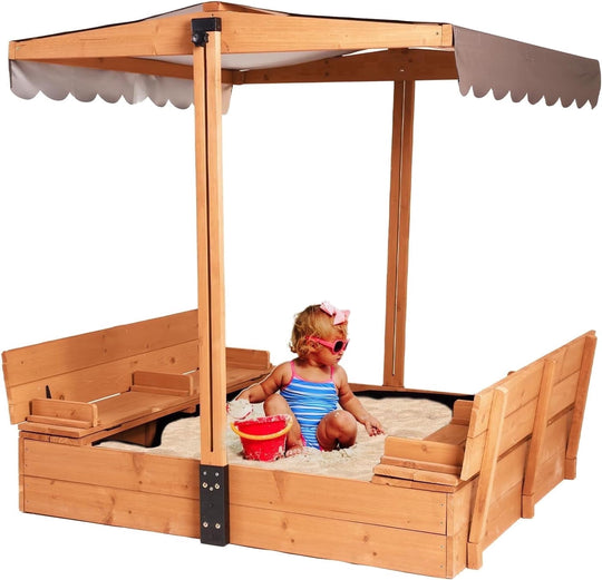 MEDEHOO Kids Sandbox with Lid Sand Box with Cover,Foldable Bench Seats, Adjustable Height Roof,Bottom Liner GUT05-003J-WM