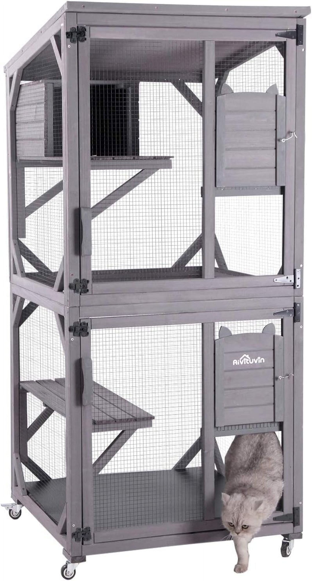 MEDEHOO Catio Outdoor Cat House Wooden Cat Enclosure Resting Box with 3 Platforms, 71 inch Kitten Condo Pets Cage, Gray AIR22-WM