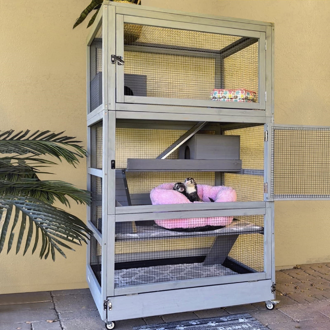MEDEHOO Chinchilla Cage Rolling Small Animal Cages for Rats Ferrets Guinea Pigs with Removable Tray and Wheels, 4-Tier, Gray AIR56-WM