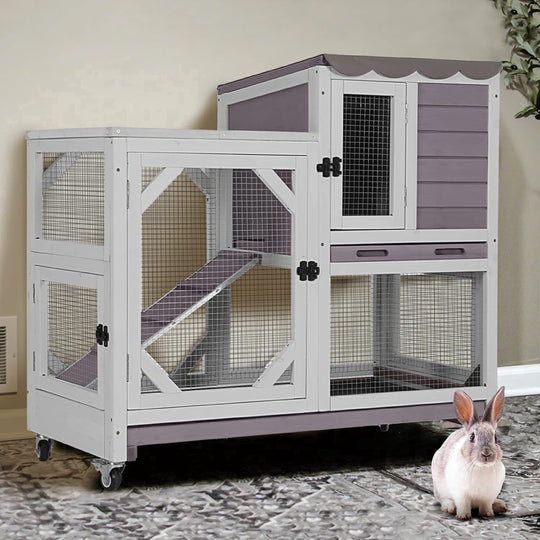 MEDEHOO 2-Story Rabbit Hutch Indoor Bunny Cage Outdoor Guinea Pig House Wooden Small Animal Cage with Chew-Proof Ramp, Leak-Proof Tray, Lockable Wheels for 2-4 Rabbits, Guinea Pigs (Grey) AIR7013-G-MA-WM