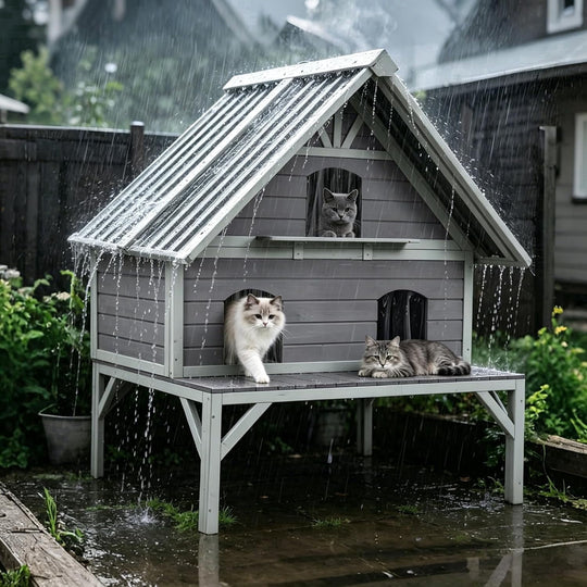 MEDEHOO 2-Story Outdoor Cat House Weatherproof Insulated Feral Cat Shelter with Waterproof Roof, Elevated Floor, Escape Door for 1-4 Indoor Outdoor Cats