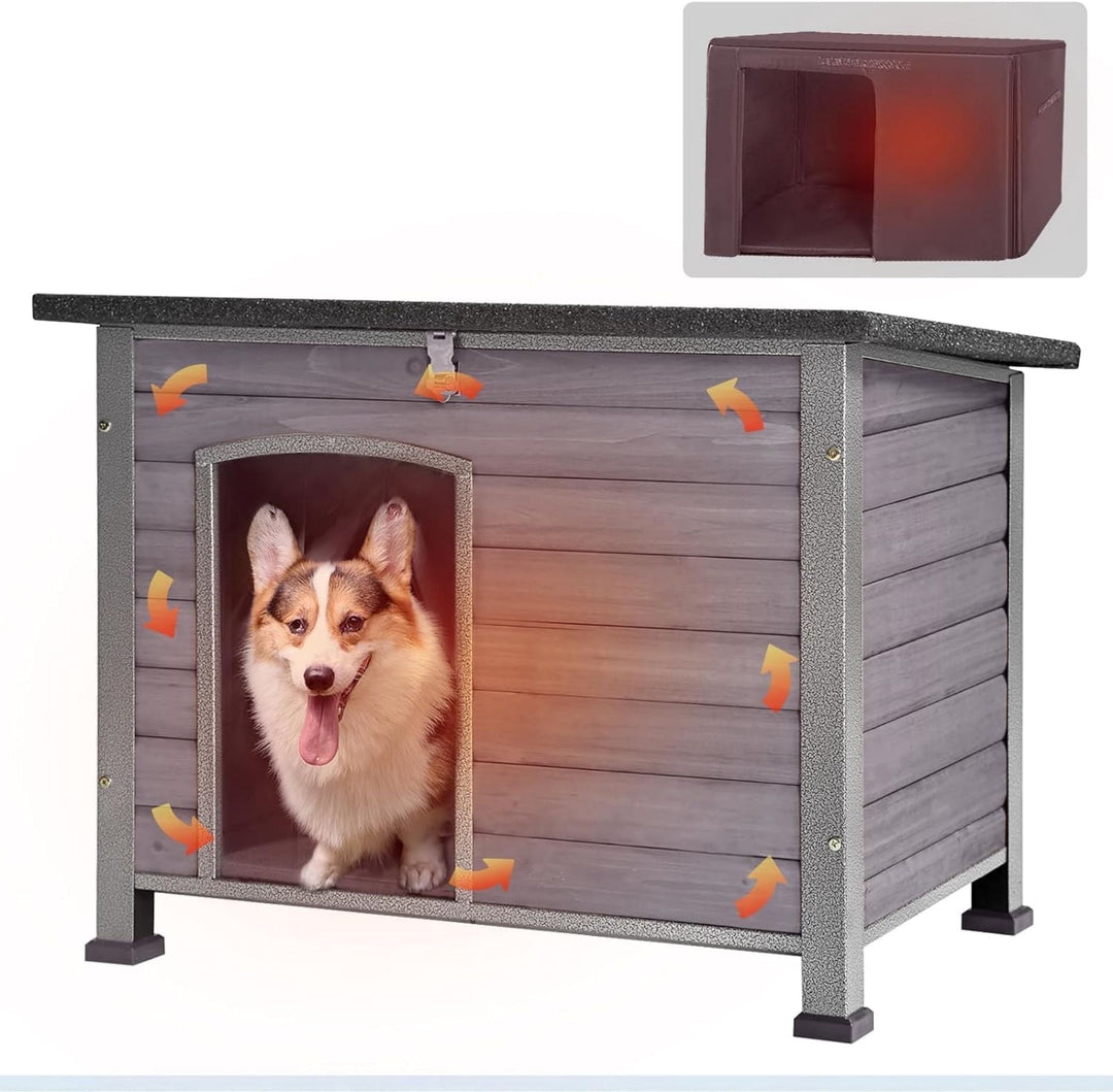 MEDEHOO Insulated Dog House with Liner for Outdoor Winter Weatherproof Wooden Dog Kennel All-Around Iron Frame