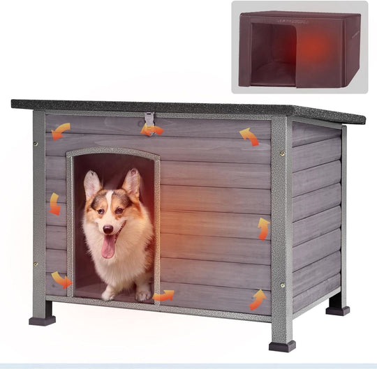 MEDEHOO Insulated Dog House with Liner for Outdoor Winter Weatherproof Wooden Dog Kennel All-Around Iron Frame