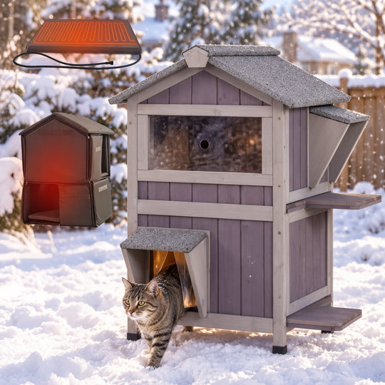 MEDEHOO  Heated Cat House for Outside, 2-Level Weatherproof Outdoor Feral Cat Shelter Wooden Elevated Kitty Condo with Safety Heating pad Insulated liner Openable Roof 2 Large Side Doors AIR94-M-IN-HP-WFS-ML