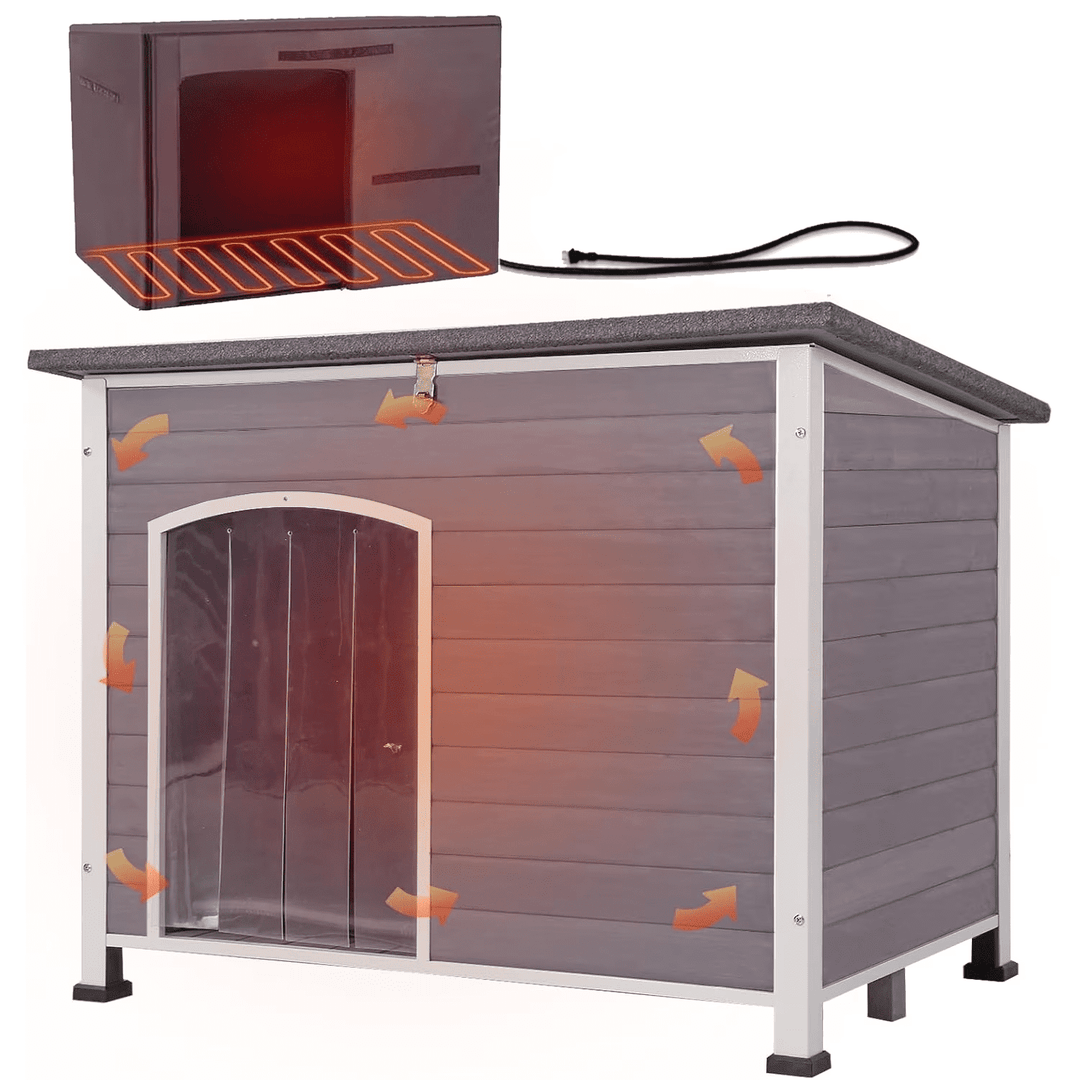 Extra Large Heated Insulated Dog House Outdoor Weatherproof XL Dog Kennel with Thermostat-Controlled Heating Pad, Thermal Liner, Chew-Proof Metal Frame for Large Dogs (Grey) AIR43-M-HP-J