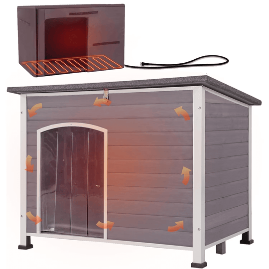 Extra Large Heated Insulated Dog House Outdoor Weatherproof XL Dog Kennel with Thermostat-Controlled Heating Pad, Thermal Liner, Chew-Proof Metal Frame for Large Dogs (Grey) AIR43-M-HP-J