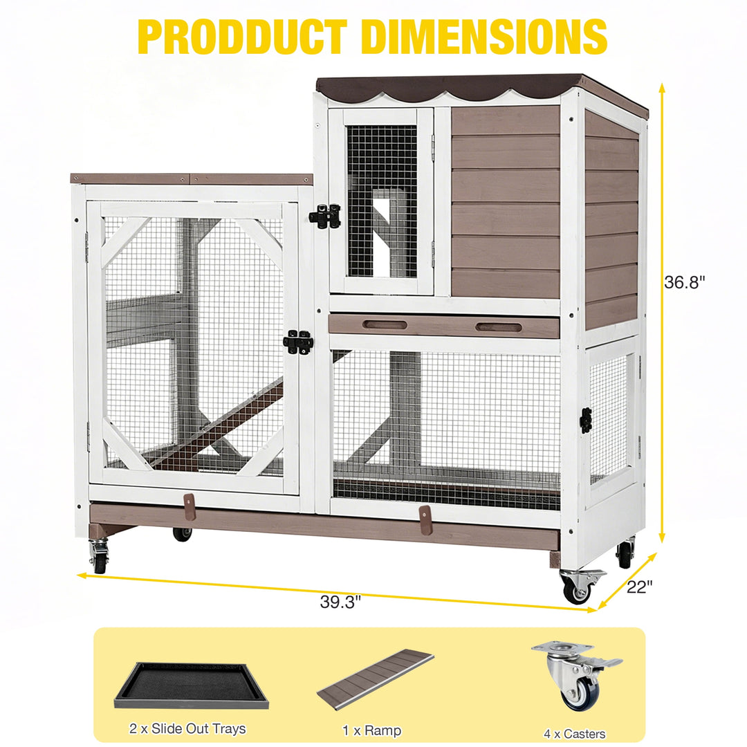 MEDEHOO Rabbit Cage Indoor Outdoor Bunny Hutch on Wheels, 2 Story Wood Guinea Pig Cages with 2 Deeper Pull Out Trays AIR7013-PD
