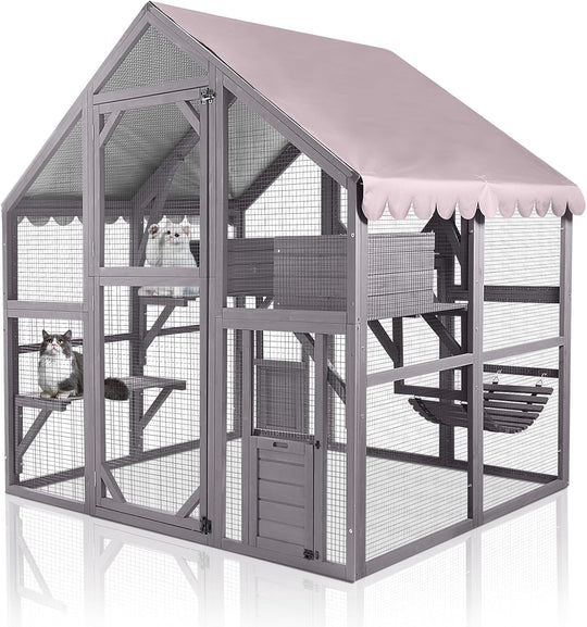 BUTINGLALE Catio Outdoor Cat Enclosures Wooden Cat House with Rest Houses, Platforms, Bridge, and Waterproof UV Cover - 55" D AIR52-MJ
