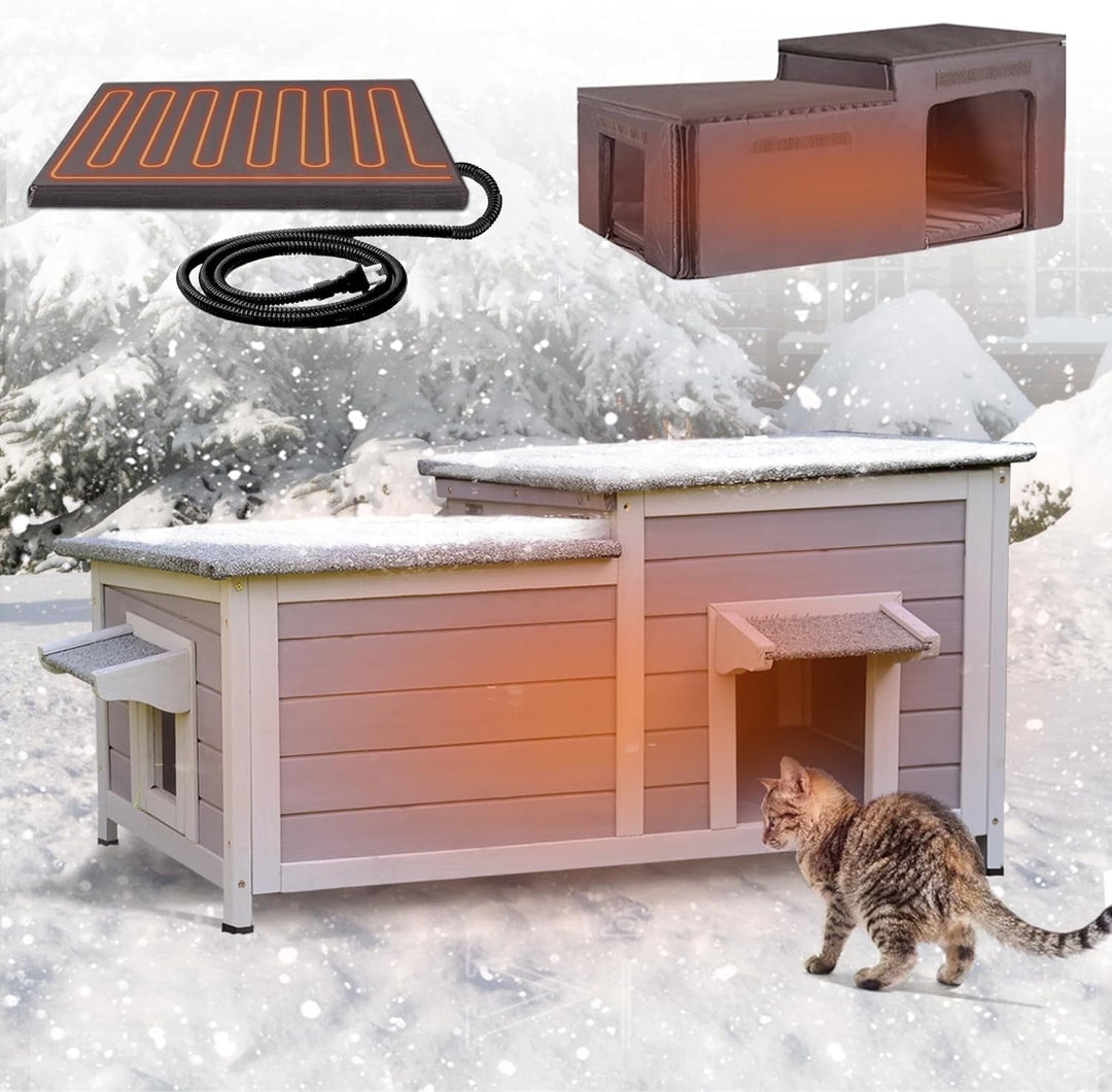 MEDEHOO Heated Cat House for Outside, Insulated Cat House Outdoor Weatherproof with Bite-Resistant Wires, Electric Heating Mat, 2 Access Doors &amp; Openable Roof AIR93-HP-AD-WM