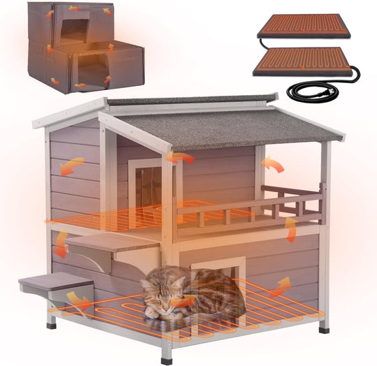 MEDEHOO Heated Cat House Outdoor 2 Story Insulated Liner Feral Cat Shelter Weatherproof for Outside with Heated Pad（Grey