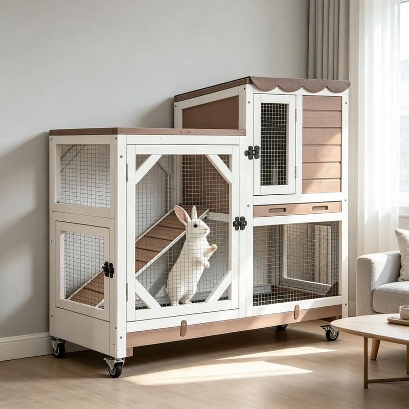 MEDEHOO 39" 2-Story Rabbit Hutch, Wooden Bunny Cage with Chew-Proof Ramp, 2 Leak-Proof Pull-Out Trays and Lockable Wheels for Guinea Pigs &amp; Small Pets, Brown AIR7013-MI-WM