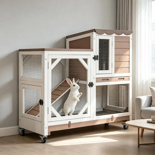 MEDEHOO 39" 2-Story Rabbit Hutch, Wooden Bunny Cage with Chew-Proof Ramp, 2 Leak-Proof Pull-Out Trays and Lockable Wheels for Guinea Pigs &amp; Small Pets, Brown AIR7013-MI-WM