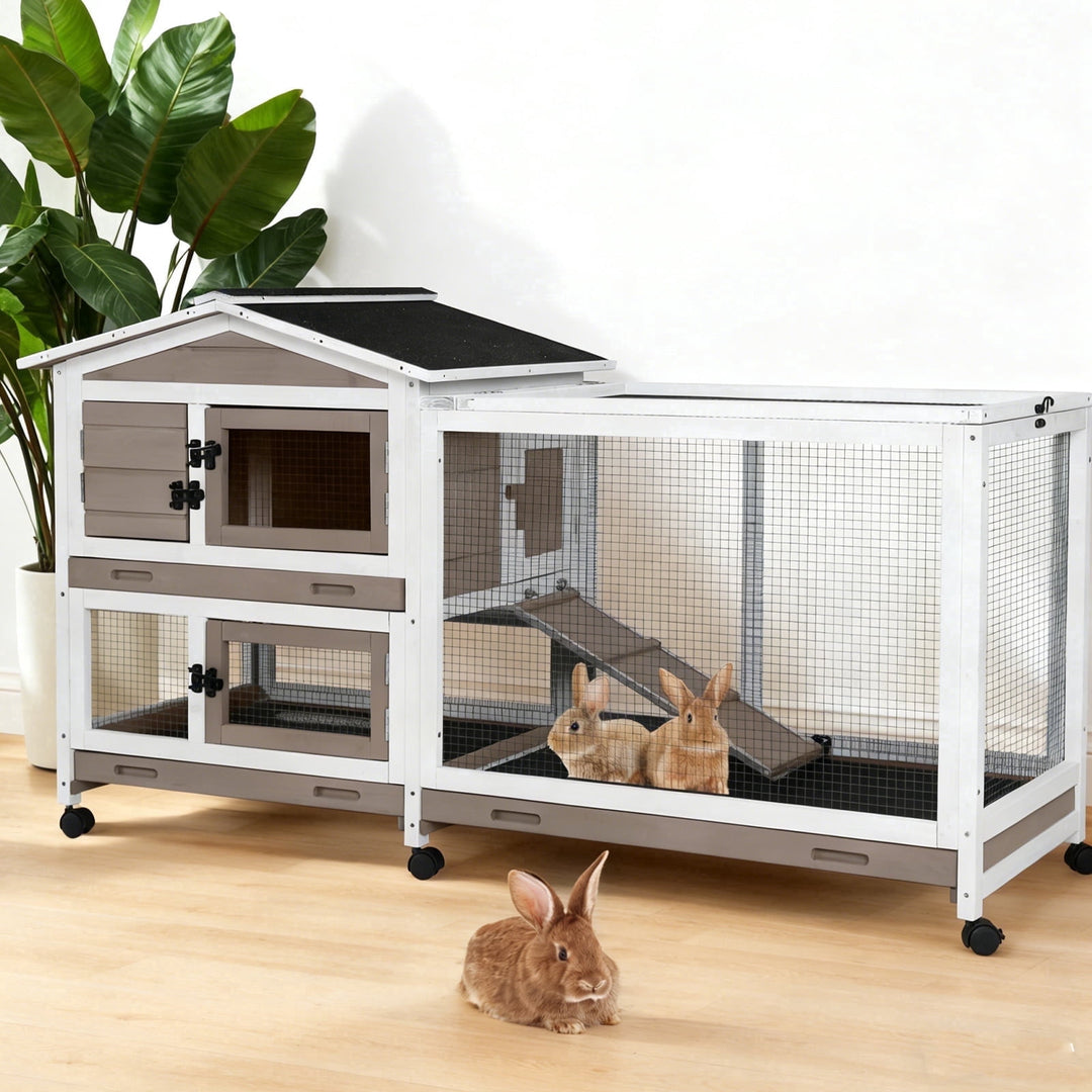 MEDEHOO 62" Rabbit Hutch with Wheels for Outdoor &amp; Indoor, 2-Story Bunny Cage with Pull Out Tray, Chew-Proof Ramp, Waterproof Roof, Brown