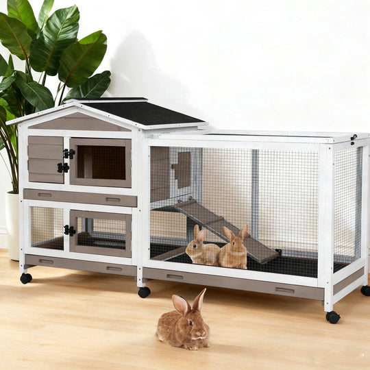 MEDEHOO 62" Rabbit Hutch with Wheels for Outdoor &amp; Indoor, 2-Story Bunny Cage with Pull Out Tray, Chew-Proof Ramp, Waterproof Roof, Brown