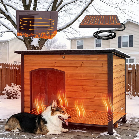 MEDEHOO 43.3" Large Heated Outdoor Dog House with Heating Pad &amp; Metal Frame for Medium to Large Breeds Wooden Dog Kennel with Openable Weatherproof Roof Inulated Dog House for Outside Dogs