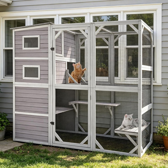 Catio Cat Enclosure Large Window Cat House for Outdoor Cats, 69.3" H Walk-in Kitty Cage Cat House with Weatherproof Roof, 3 Resting Rooms, 3 Platforms &amp; Windows - Grey AIR54-M
