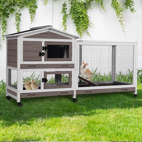 MEDEHOO Rabbit Cage Indoor Bunny Hutch with Chew-Proof Ramp - 2 Story Guinea Pig Cages Outdoor with 6 Wheels, Leakproof Pull-Out Tray for Rabbits, Guinea Pigs (Brown) AIR19-B-MC-WM