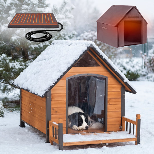 MEDEHOO Heated Outdoor Dog House, Insulated Weatherproof Shelter with Adjustable Heating Pad &amp; Metal Frame
