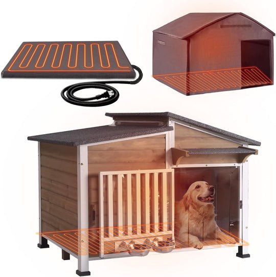 MEDEHOO Heated Dog House Outdoor with Heating Pad and Insulated Liner, Wooden Dog Kennel with Anti-Chewing Metal Frame, Weatherproof Dog Shelter with Bowls for Outdoor or Indoor Use (Light Brown)