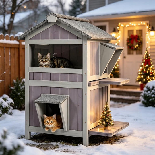 MEDEHOO 2-Story Wooden Outdoor Cat House, Weatherproof Feral Cat Shelter with Escape Doors, Two Large Side Doors and Balcony, Gray GUT94-M-WM