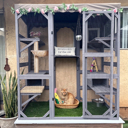MEDEHOO Cat House Outdoor Catio Kitty Enclosure, Wooden Cat Cage Condo Indoor Playpen with Large Enter Door and Platforms for Kittens