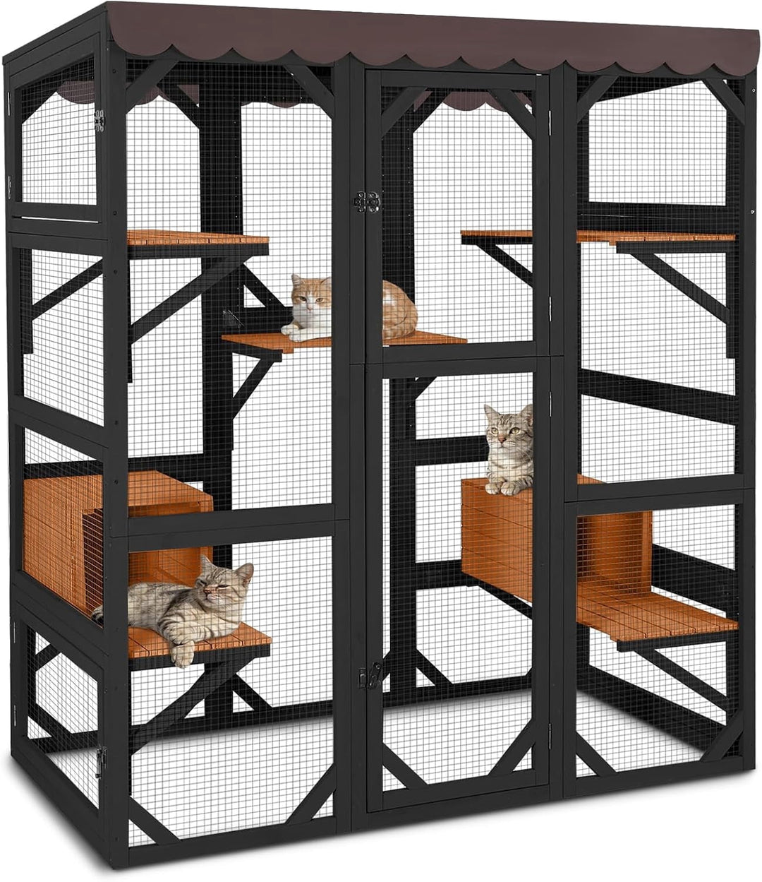MEDEHOO Catio Outdoor Cat Enclosure with Scratch Post, Hammock, Large Window Cat House for 2-6 Mulitiple Cats Walk in Kitty Cage with Tarp Roof 70" Black
