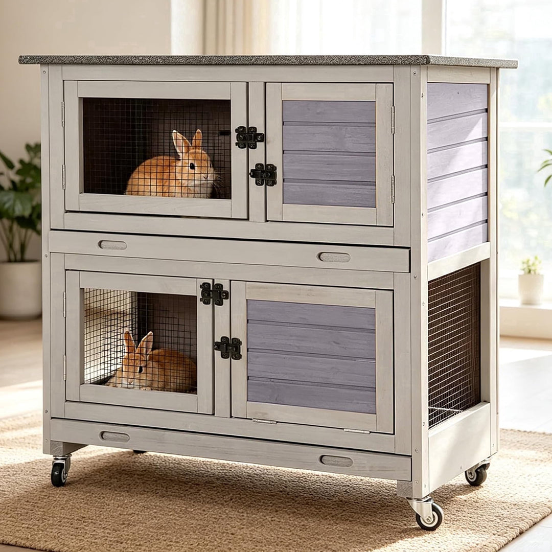 MEDEHOO 36" L Rabbit Hutch Indoor Bunny Cage Outdoor 2 Story Bunny Hutch with Weatheproof Roof Pull-Out Tray Ramp Large Guinea Pig Cage on Wheels
