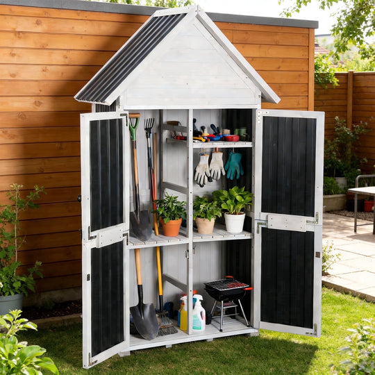 MEDEHOO Shed Outdoor Storage, Outdoor Storage Cabinet with Metal Frame &amp; Adjustable Shelves, Weatherproof Tool Shed for Backyard Patio Lawn, White