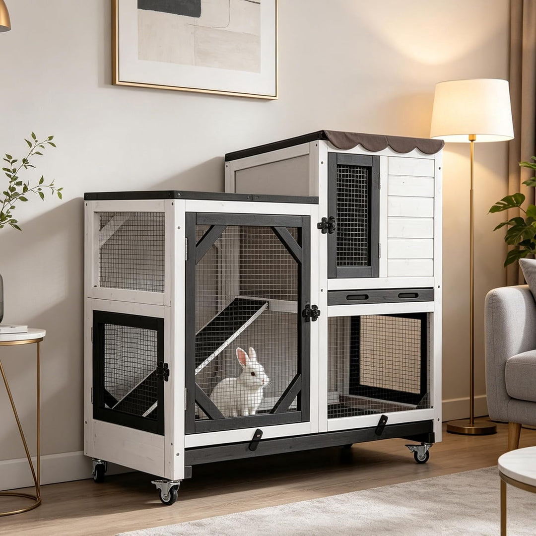 2-Story Rabbit Hutch Bunny Cage with Leak-Proof Trays &amp; Chew-Proof Ramp - Indoor/Outdoor 39.3" Wooden Rabbit Cage with Wheels (Black)