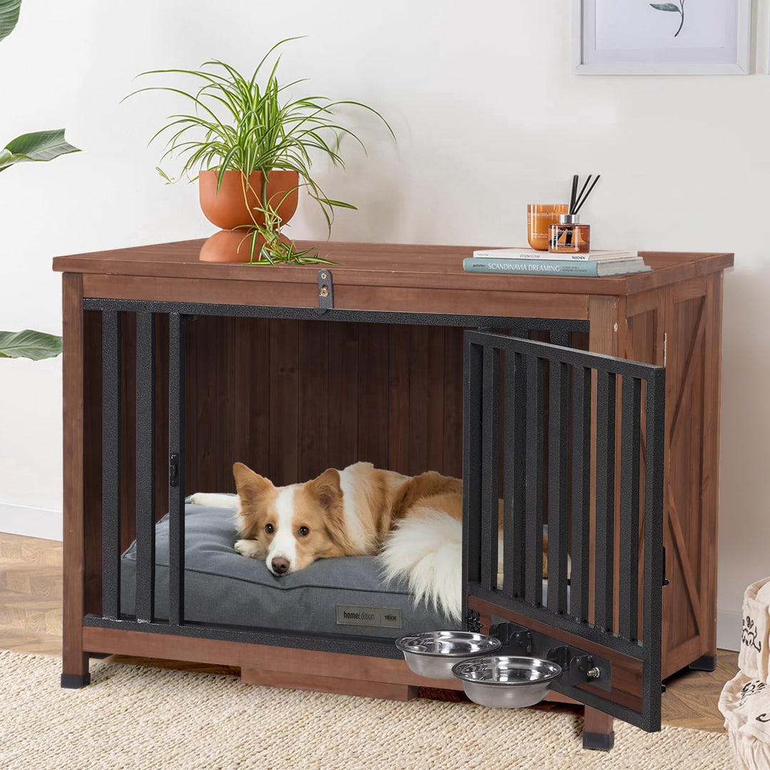 MEDEHOO Foldable Dog Crate – Indoor Kennel with Pull-Out Tray &amp; 2 Bowls, Wooden End Table for Medium Breeds (Brown) AIR100-B-A12-WM