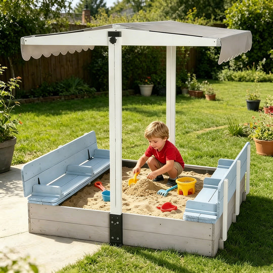 Sandbox for Kids with Adjustable Canopy, Wooden Sand Box with 2 Foldable Seats, Sandbox with Lid Outdoor (Blue) GUT05-B-2