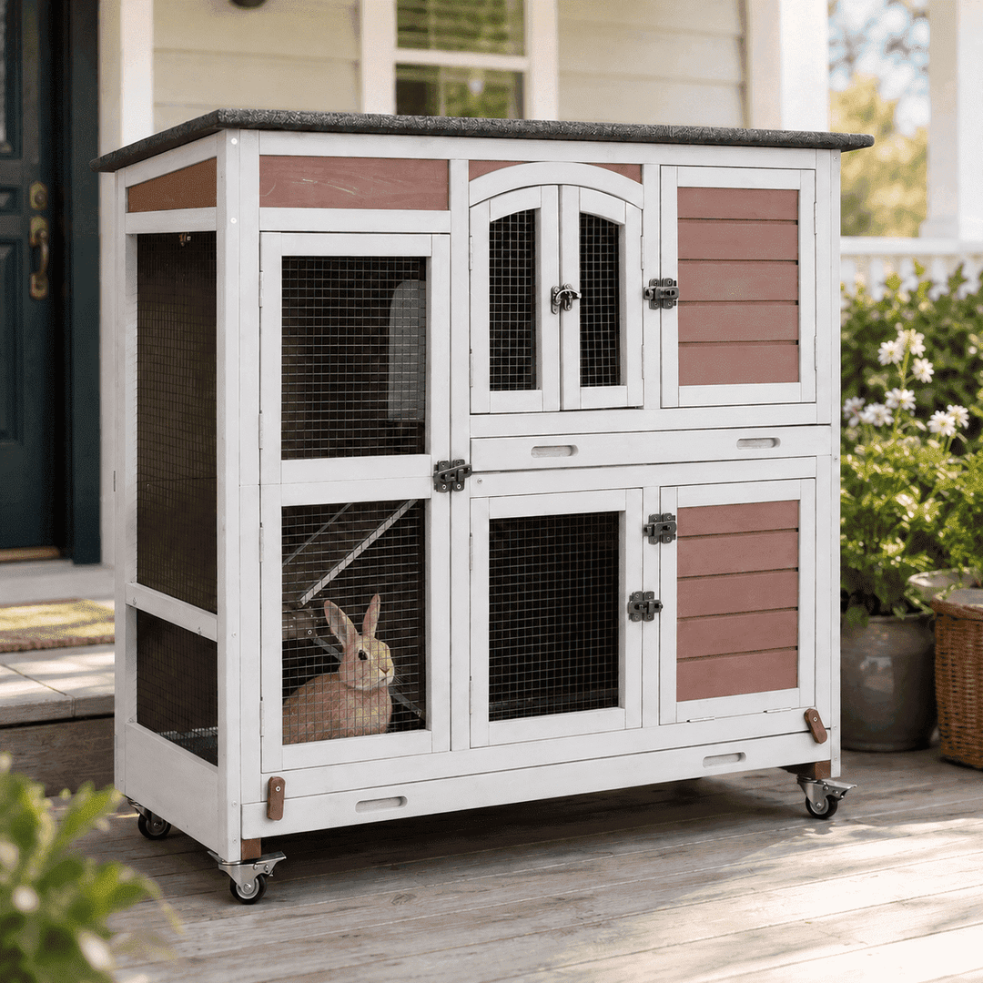 MEDEHOO Wood Rabbit Hutch Bunny Cage with Wheel, Two Layer Guinea Pig House for Outdoors &amp; Indoors, Brown AIR06-D-WM