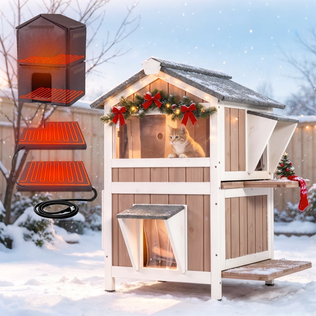 MEDEHOO Heated Outdoor Cat House for Outside Weatherproof Feral Cat Shelter for Winter with Heater and Insulated Liner Brown AIR94-B-M-HP-PA-WM