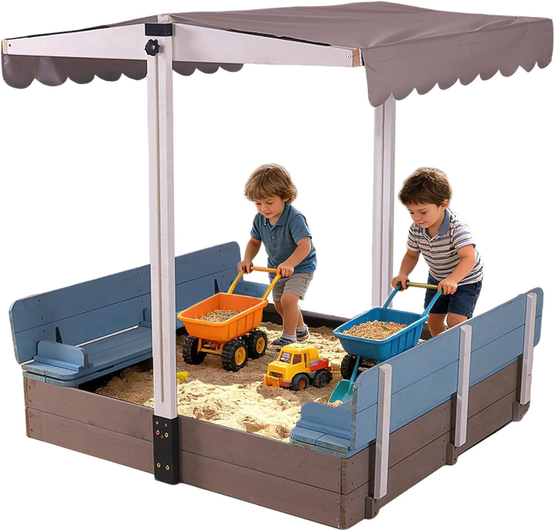 MEDEHOO Sandbox with Lid and Cover for Kids Outdoor with 2 Foldable Bench Seats, Adjustable Canopy and Sand Protection Liner, 47.2" L x 47.2" W x 51.9" H, (Blue) GUT05-B-MA-WM