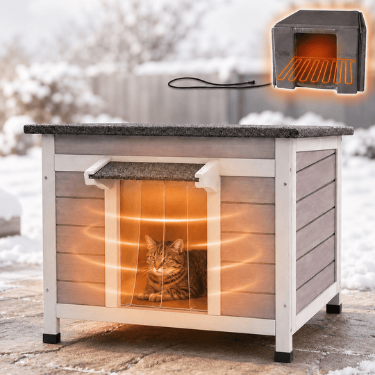MEDEHOO 23.6" Heated Outdoor Cat House for Winter, Insulated Feral Cat Shelter with Thermostatic Heating Pad and 6-Sided Zippered Liner
