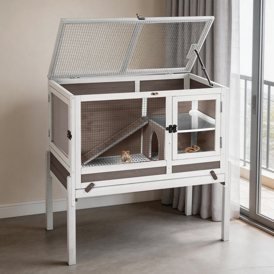 MEDEHOO Guinea Pig Cage Indoor Rabbit Hutch with Chew-Proof Edges - Brown